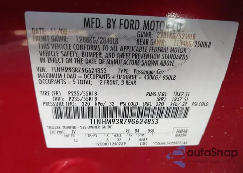 2009 Lincoln Mks z USA, uszkodzony, nr VIN 1LNHM93R79G624853